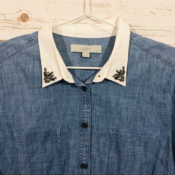 Loft women’s petite L long sleeve denim blouse top - Picture 2 of 6